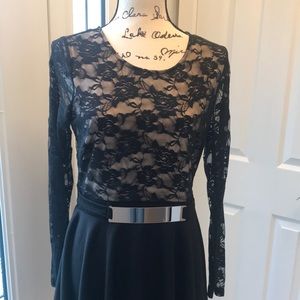 Black lace dress with gold belt, lace sheer back